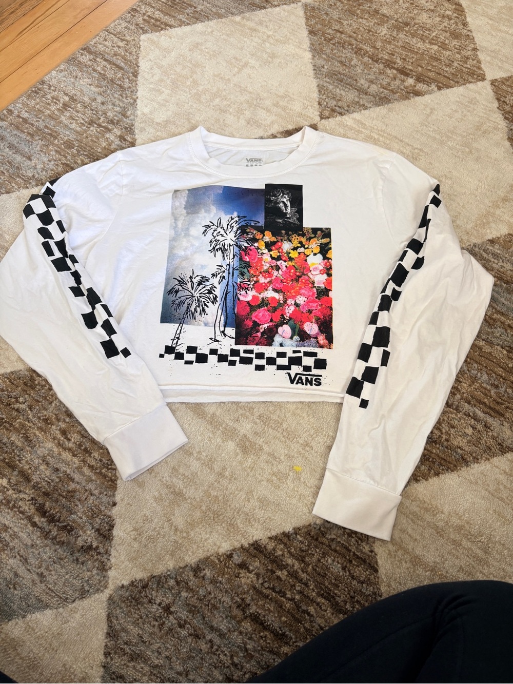 Vans White Cropped Long Sleeve Tee with Floral & Checkerboard Graphics